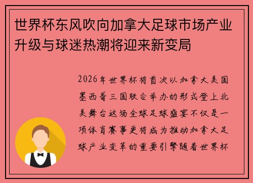 世界杯东风吹向加拿大足球市场产业升级与球迷热潮将迎来新变局